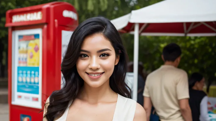 Mexican woman with long wavy black hair. Light eyes. Smiling. Low-cut blouse. Short skirt. In front of a kiosk in a public park.