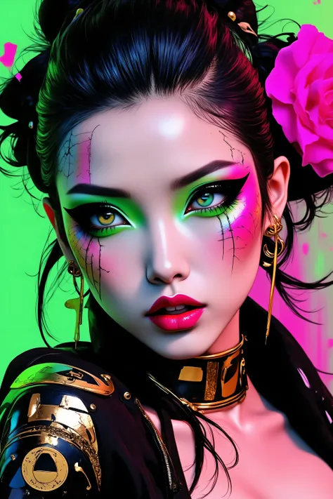 80’s glam rock makeup on shiny face, asian girl, anime, 2.5D, moody lighting, (green, pink, gold), pretty, sexy, minimal, sleek, slender, asian, elegant, futuristic, retro, sophisticated half human half machine, mouth open wide, Kizi，(eyes looking off to s...