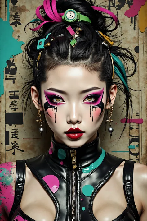 80’s glam rock makeup on shiny face, asian girl, anime, 2.5D, moody lighting, (green, pink, gold), pretty, sexy, minimal, sleek, slender, asian, elegant, futuristic, retro, sophisticated half human half machine, mouth open wide, Kizi，(eyes looking off to s...