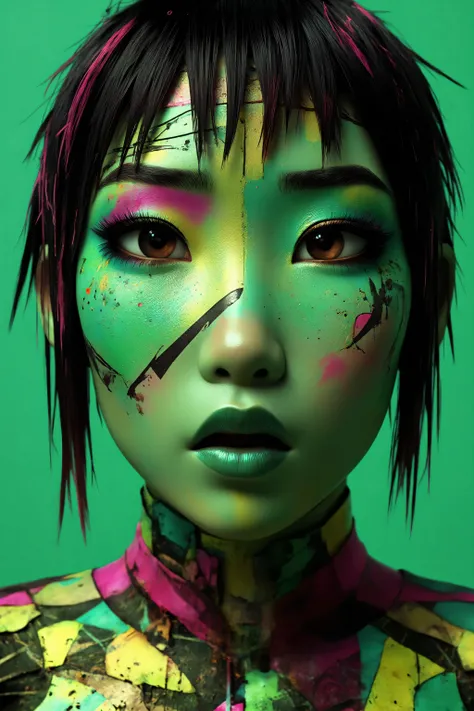 80’s glam rock makeup on shiny face, asian girl, anime, 2.5D, moody lighting, (green, pink, gold), pretty, sexy, minimal, sleek, slender, asian, elegant, futuristic, retro, sophisticated half human half machine, mouth open wide, Kizi，(eyes looking off to s...