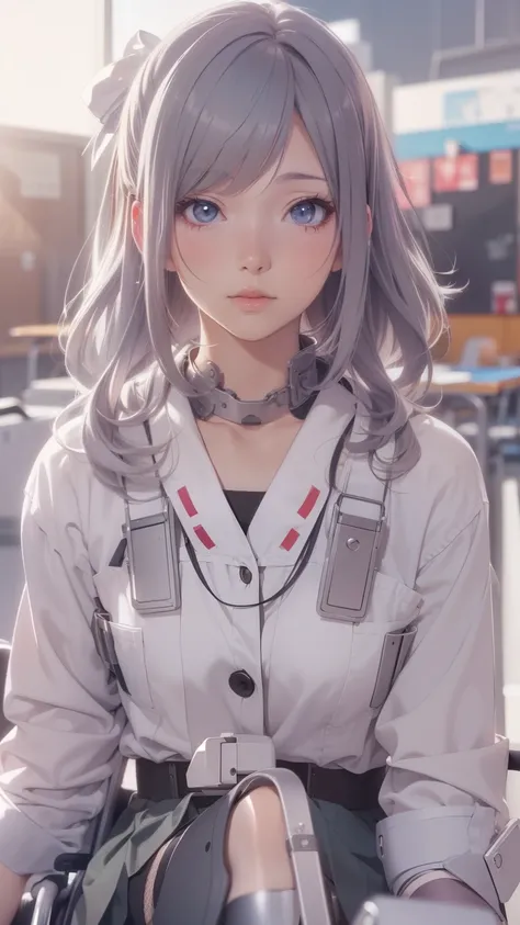 (Highest quality,4K,8k,High resolution,Tabletop:1.2), Very detailed, (Realistic,photoRealistic,photo-Realistic:1.37),(whole body),((In the hospital)),Sickly beautiful girl, sad,I was surprised,((Gray hair color)),((Long Hair)),((She is in a wheelchair)),((...