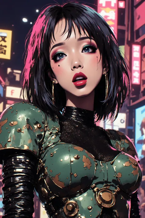 80’s glam rock makeup on shiny face, asian girl, anime, 2.5D, moody lighting, (green, pink, gold), pretty, sexy, minimal, sleek, slender, asian, elegant, futuristic, retro, sophisticated half human half machine, mouth open wide, Kizi,(eyes looking off to s...