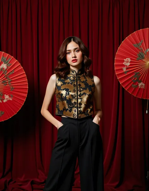 Stylish female model with curly hair and bold red lipstick, wearing modern Chinese-inspired clothing. His attire consists of a half-sleeved structured black and gold brocade vest with intricate floral embroidery, traditional Chinese knot buttons, and a hig...
