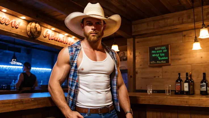 Man with cowboy hat. Long blond beard. Open plaid dress shirt. Blue jeans. White tank top. Inside a Mexican bar.