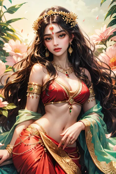 (absurderes, A high resolution, Ultra detailed, hdr), Masterpiece, Best quality, Portrait of Indian Goddess parvati, animated style, closeup shot, anime in a red and green combination indian dress i.e (saree or lahaenga choli), long black wavy hair untied ...