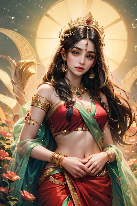 (absurderes, A high resolution, Ultra detailed, hdr), Masterpiece, Best quality, Portrait of Indian Goddess parvati, animated style, closeup shot, anime in a red and green combination indian dress i.e (saree or lahaenga choli), long black wavy hair untied ...