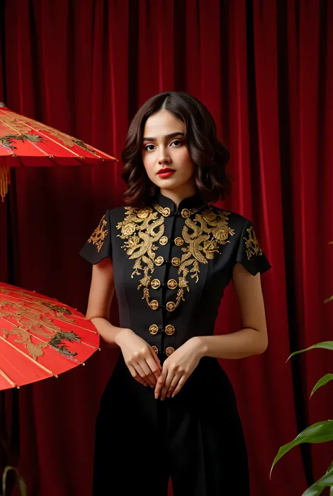 Stylish female model with curly hair and bold red lipstick, wearing modern Chinese-inspired clothing. Her attire consists of structured black and gold brocade short sleeves with intricate floral embroidery, traditional Chinese knot buttons, and a high mand...