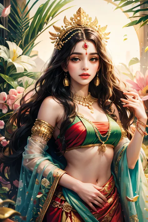 (absurderes, A high resolution, Ultra detailed, hdr), Masterpiece, Best quality, Portrait of Indian Goddess parvati, animated style, closeup shot, anime in a red and green combination indian dress i.e (saree or lahaenga choli), long black wavy hair untied ...