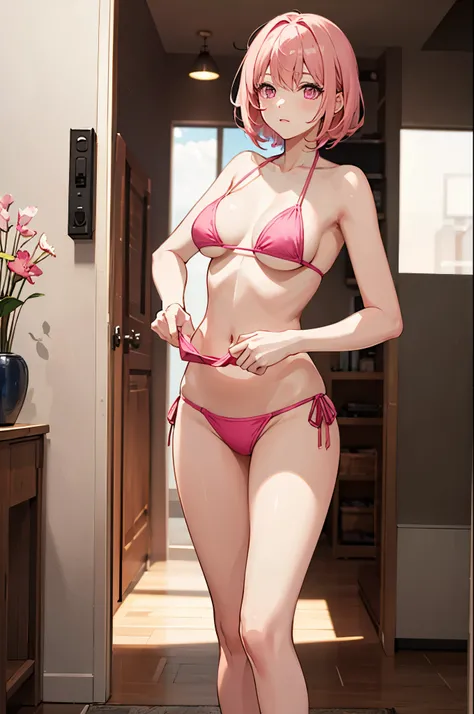 1woman, tall, short pink hair, pink eyes, bikini, standing on ground, high res, ultra sharp, 8K, masterpiece