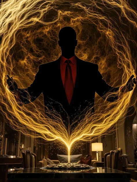 A flux of dark red and gold energy forming the silhouette of a prideful man in a luxurious hotel suite. The energy swirls and distorts, creating a sense of unease and hidden darkness. The man's reflection in a mirrored surface below morphs into a monstrous...