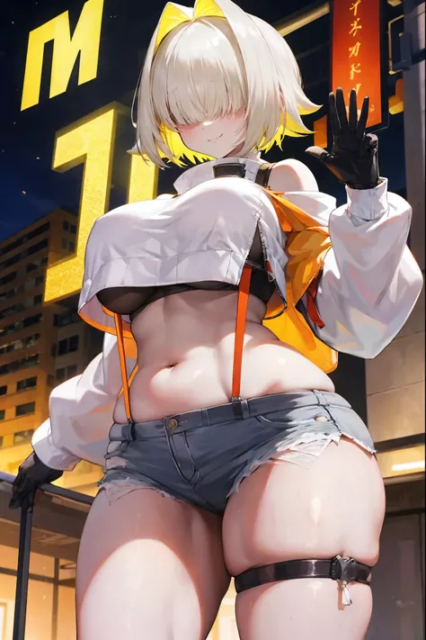 score_9, score_8_up, score_7_up, source_anime BREAK 1girl, solo, elegg, short hair, bangs, hair intakes, multicolored hair, hair over eyes, crop top, bare shoulders, long sleeves, suspenders, midriff, navel, short shorts, thigh strap, multicolored_gloves, ...