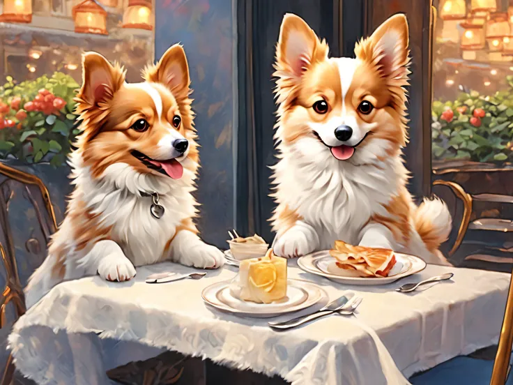  anthropomorphic dog,minuet, dining table ,white napkins ,  table, cute, fluffy fur,masterpiece,Wide range of colors, top quality, Official Art,Fantasy  , colorful,(( nothing is placed)) table, restaurant , happy,smile,I'm waiting in front of the cutest do...