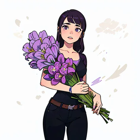  cartoon of a woman holding a bouquet of purple flowers, with flowers, kind cyborg girl with flowers,  holding flowers , female portrait with flowers, Digitally colored, carrying flowers, ,  in digital illustration style,  in cartoon style , Cartoon style ...