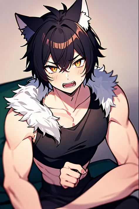 wolf boy, male, open mouth, wolf fangs, short hair, messy hair, black tank top