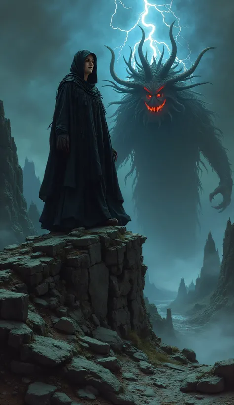 Prompt used -
1970's dark fantasy book cover paper art dungeons and dragons style drawing of [A sorceress with glowing red eyes and flowing black robes stands atop a crumbling stone tower, summoning a monstrous, tentacled horror from the abyss. The backgro...