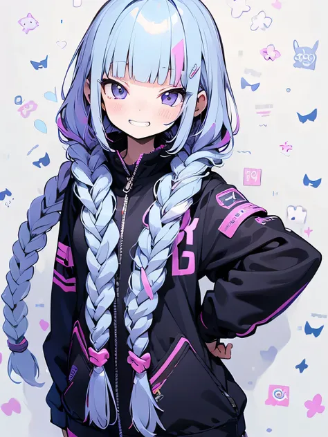 solo,upperbody,purple 2braids,blunt bangs,16years old,bunny girl costume,grin,ウェイトレス,パフェ,model pose:1.3,sexy image back ground,(manga style),(sketch),( illustration),(masterpiece),(best quality),