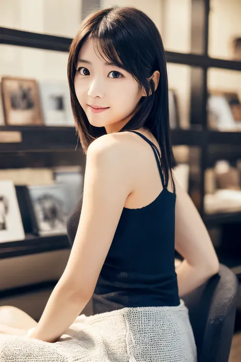 Photogravure, (High reality photograph, high resolusion, cute face, detailed face, detailed eyes), a skinny Japanese lady, 30 years old, solo:1, slender body, very thin waist, correct body anatomy, various hair style, sexy knit dress, sitting on a man, ful...