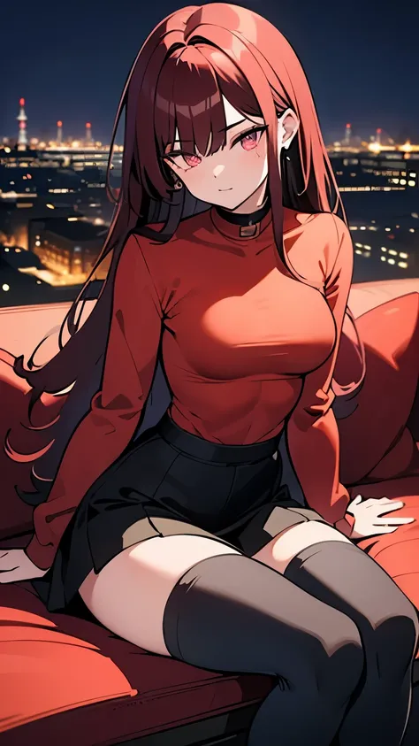 1 girl, (hot girl), (long straight dark red hair), bright pink eyes, (5ft 6 inches tall), (casual long-sleeve shirt and skin-tight skirt with thigh-high socks), (strong abs), (skinny-voluptuous body shape), large round breasts, medium ass, wide legs, (sitt...