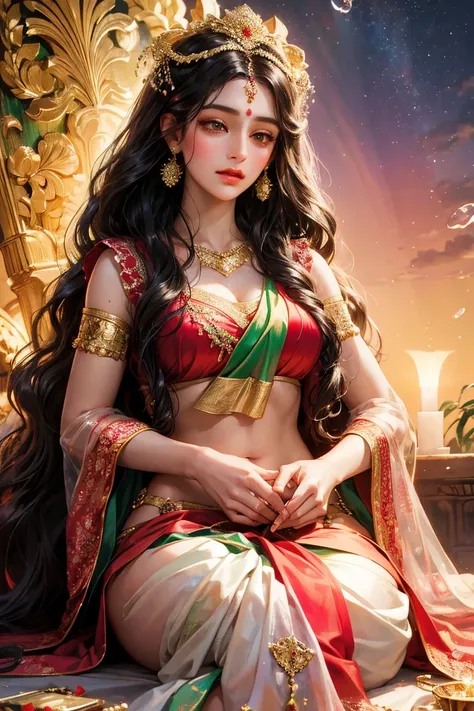 Goddess parvati, animated style, closeup shot, anime in a red and green combination indian dress(saree or lahaenga choli), long black hair wavy hair untied with hair ornaments, innocent expression, bright big blake eyes, holding a flower, natural beauty, v...