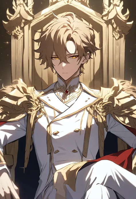 Male + hazel hair + golden eyes + white dress shirt + white trousers +  white double breasted waistcoat tipped with gold + golden accents + solo + throne room background + sitting on a throne