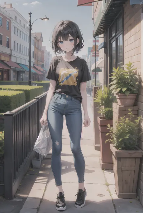 Anime figure standing across the mall near a brick wall, giving a yellow T-shirt, blue pants profitable, black hair, canvas backing, two plant pots.