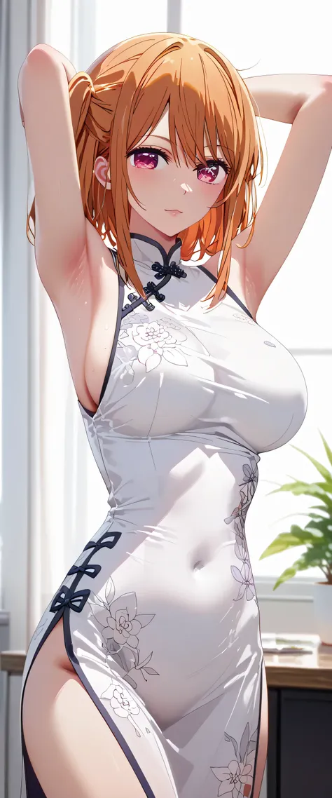 ( best quality、 Top Masterpieces、 detailed、4K)、 one woman、、(((Hoshino Ruby)))、 Thin Orange Hair、( Super Big Breasts )、 china dress、 arms behind your head、Beautiful armpits