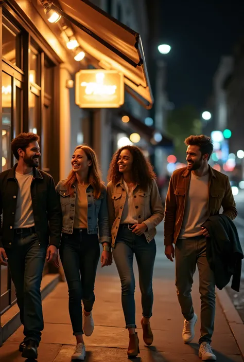 A cheerful and dynamic scene of a diverse group of friends exiting a stylish restaurant after an enjoyable meal. They walk together, laughing and chatting, with relaxed postures and genuine smiles. The warm glow of the restaurant lights spills onto the str...