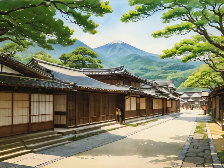 Japanese Street, , Japanese Village, Japanese City, Inspired by Kawase Tomoe, Detailed Landscape - width 672, Japanese Countryside, hiroya oku painterly, Japanese Watercolor, Japanese painting style, Inspired by Kawase Tomoe, Inspired by Yoshida Hanbei, Ho...