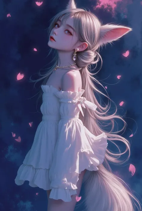 ((work of art, best qualityer)), (negative space: 1.2), (1 girl, standing alone: 1.4), petals, pink eyes, fox Girl,fox eras,fluffy fox tail, far away, high ponytail, liquid hair, flowers, night blue highlight flowing background, photorrealistic, 34K, 