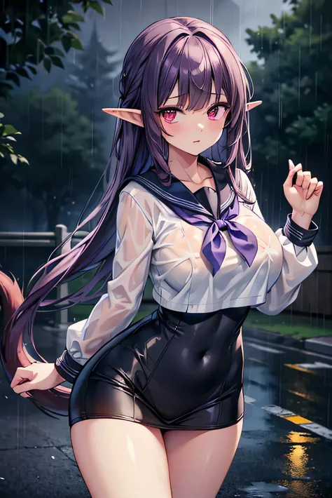 A white long-sleeved sailor suit with a navy blue collar.
The clothes are soaked through with the rain.

An anime-style girl has very dark brown skin like a dark elf, and long, straight purple hair tied in a single ring on top of her head.
She has very ver...