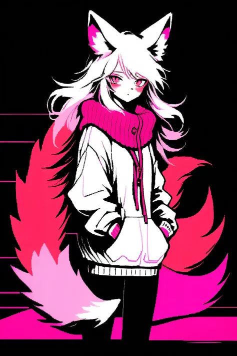 pink eyes, fox Girl,fox eras,fluffy fox tail,illustrator, anime , white clothers, realistic ,sketch , 1 girl, ,lip, sweater,order, black gradient background, neon hair,Textured trim, Canadian, ((work of art, best qualityer)), (negative space: 1.2), (1 girl...