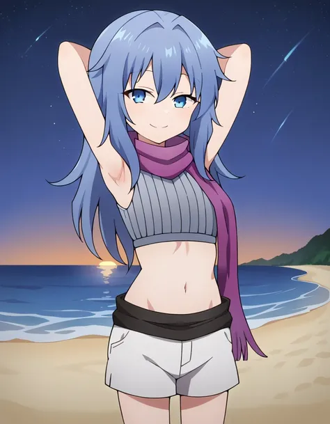 Hagi, blue eyes, blue hair, long hair, crop top, sleeveless, purple scarf, shorts, high quality, closed mouth, solo, cowboy shot, night sky, beach, arms behind head, (contrapposto), spread armpits, looking at viewer, best quality, smile