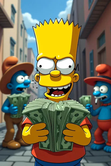 Create an image where Bart Simpon has wads of money in his hands while he smiles and behind there is a Smurf with a cigarette and a Peruvian with money in his hand