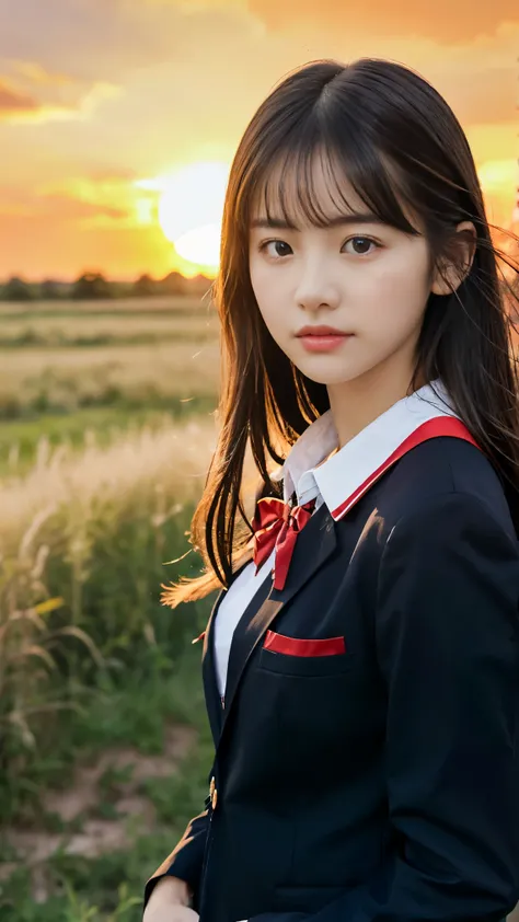 (Thin, small breasts and long hair 、 close-up portrait of a girl in a black blazer uniform with a red rimmed collar:1.5)、( a girl standing on a prairie 、Hair swaying in the wind :1.5)、(Red sky with a beautiful sunset :1.5)、( perfect anatomy:1.3)、(No mask:1...