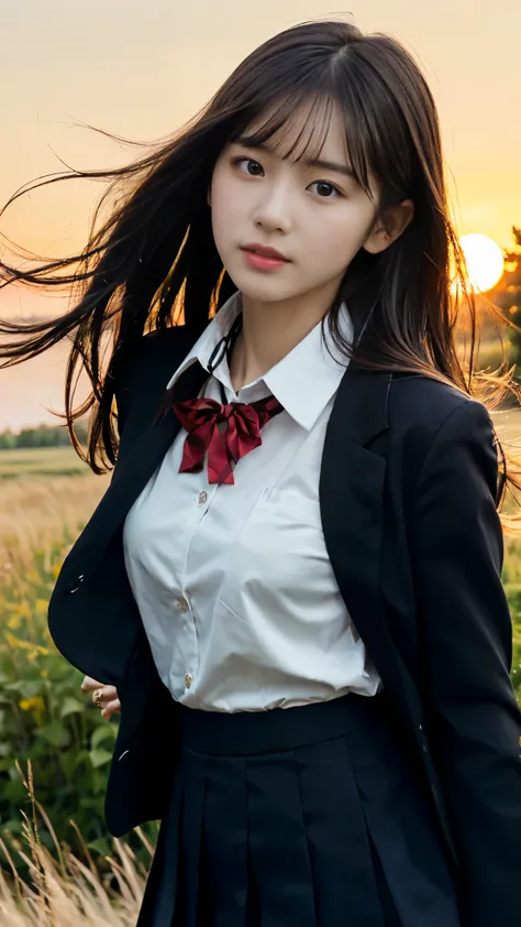 (Thin, small breasts and long hair 、 close-up portrait of a girl in a black blazer uniform with a red rimmed collar:1.5)、( a girl standing on a prairie 、Hair swaying in the wind :1.5)、(Red sky with a beautiful sunset :1.5)、( perfect anatomy:1.3)、(No mask:1...