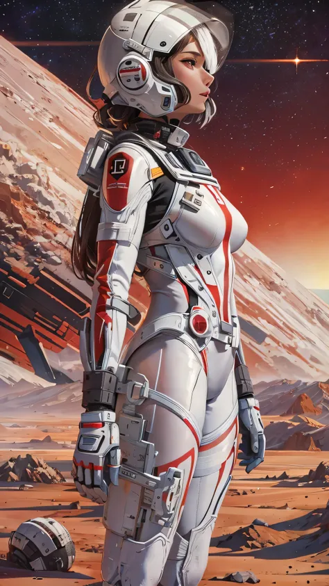 masterpiece,  best quality,  1 girl in the best, A beautiful woman in a white and red combat uniform、A scene from a space thriller movie, Bauhaus,  Battles on Other Planets , Desert and Trees ,  Abstract 、Terra Formars。