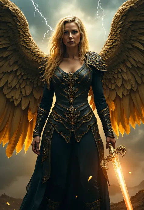 professional portrait of Rebecca Ferguson as Dame Aylin, solitary female angel warrior, long flowing blonde hair, intricately detailed dark armor, golden embellishments, otherworldly light glowing eyes, large golden wings spread wide, cracked body skin, ho...