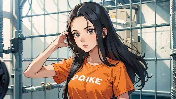 woman, long hair, black hair, prison orange tshirt uniform, prisoner 