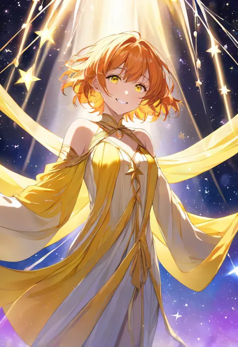  ADULT WOMAN,  short orange hair and neon yellow eyes 、Looking down and smiling 、Wrapped in a curtain of light in Venus clothes、 scattered star background 
