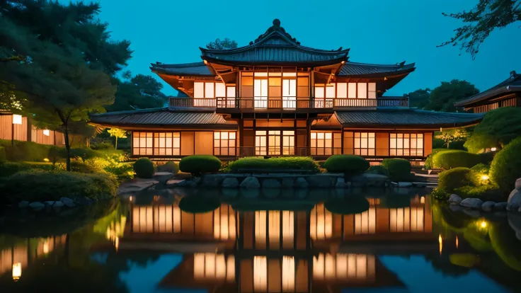 A serene Edo-period mansion mirrored in a vast still koi pond occupying 80% of the frame, neon kanji "凪" "静" in cyan #00ffff reflecting perfectly on the water, bioluminescent water lilies #7cfc00 with golden veins around stone bridges, warm paper lanterns ...