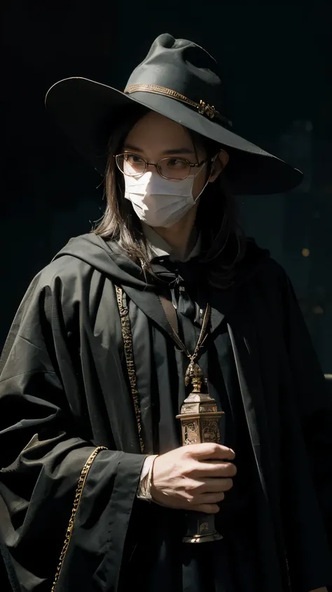 (masterpiece, best illustration,) medieval, beak mask, black robe, city background, doctor, masked, one person, clear, fine motor, wearing hat with brim, glasses, can&#39;t see eyes, hands parked crow