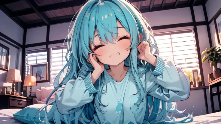 Turquoise Hair、 long hair、 cover your face with your hands 、Place your left and right palms on your left and right ears、 I can't hear 、Raise both arms to ear level、I'm closing my eyes hard、long sleeve long pants round neck pajamas、 upper body、 wide angle s...