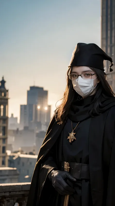 (masterpiece, best illustration,) medieval, beak mask, black robe, city background, doctor, masked, one person, clear, fine motor, wearing hat with brim, glasses, can&#39;t see eyes, hands parked crow