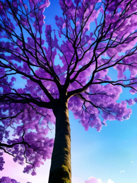 a close up of a tree with a bird perched on it, intricate branches, purple trees, winding branches, tall purple and pink trees, with branches reaching the sky, surreal canopy, branches composition abstract, with branches! reaching the sky, branches, long v...