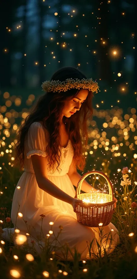 "A magician , dreamy night scene of a young woman with long flowing hair and a floral crown kneeling in a bright meadow full of luminous flowers. She wears a soft , a flowing white dress and gently gathers gold stardust in a wicker basket . surrounding...