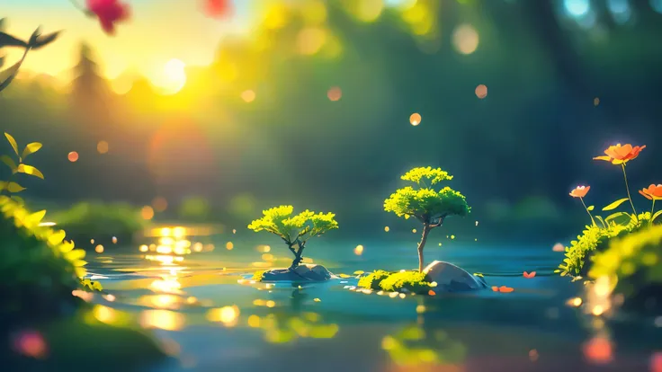 8K quality,(super masterpiece:1.3), best quality, detailed images,unmanned,(Small tree 々, lots of petals dance, fantastic waterfall,moss,水moss,lake,lake畔,background(sunset,sunsetの空, gradient ,In the water,Submersion,全てIn the water)).