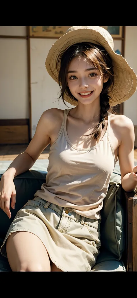 Ultra HD 4K, greatest masterpiece in history, mature,linen tank top,smile, teeth and laugh,hat,