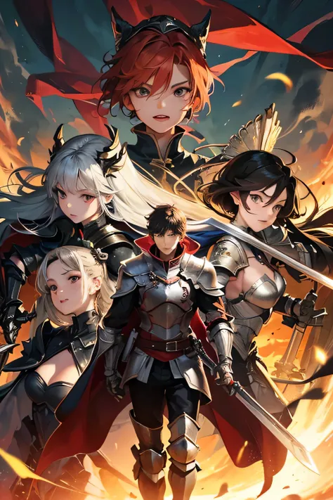 Armored boy holding a legendary sword with three other girls around him in battle