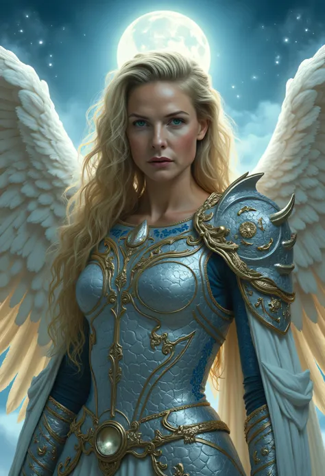 professional portrait of Rebecca Ferguson as Dame Aylin, majestic female warrior angel, ornate silver armor, light blue patterns, golden embellishments, intricate celestial engravings, armor is detailed with patterns resembling moon phases and constellatio...