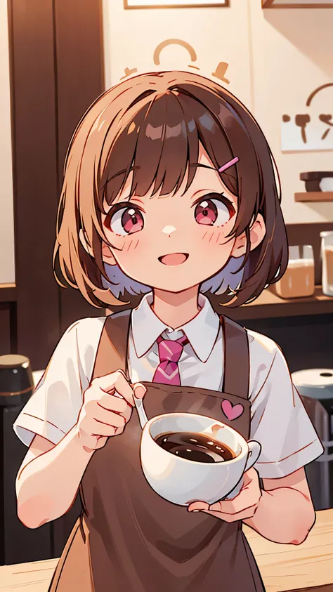  girl working in a coffee shop 、Brew coffee in a coffee maker 、 expressive eyes 、 brown apron、 silver and bob short hairstyle、 tie your hair with hair clips、 pink eyes、Laughter、smile、 upper body closeup、 perfect lighting、Warm colors、 white shirt 、Barista、 ...